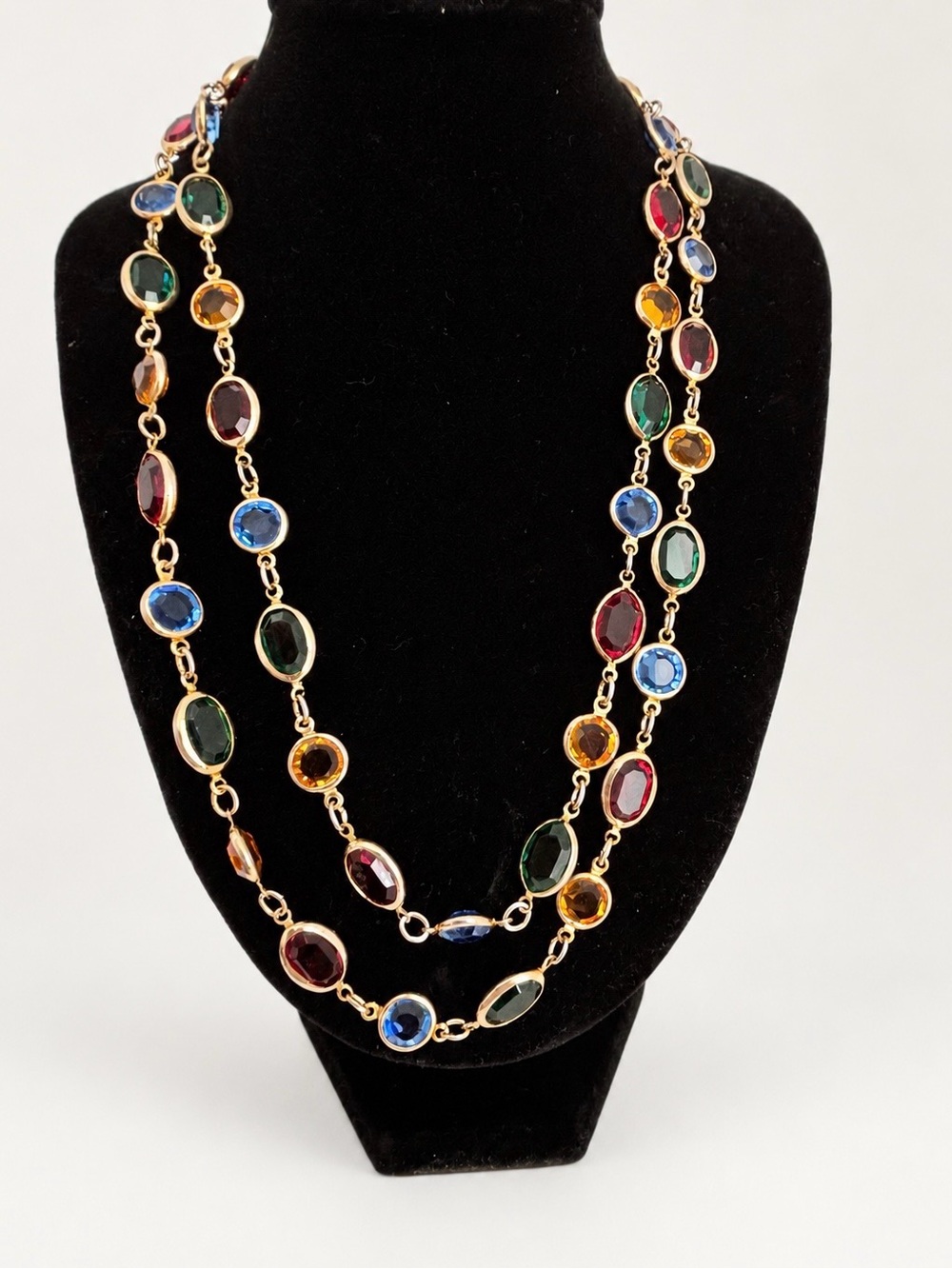 Vintage Multicolor Faceted Glass Long Station Necklace Gold Tone 36”
